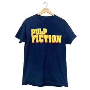 Pulp‎ Fiction Movie Graphic T-Shirt Mens Medium Navy Blue Yellow Logo Miramax